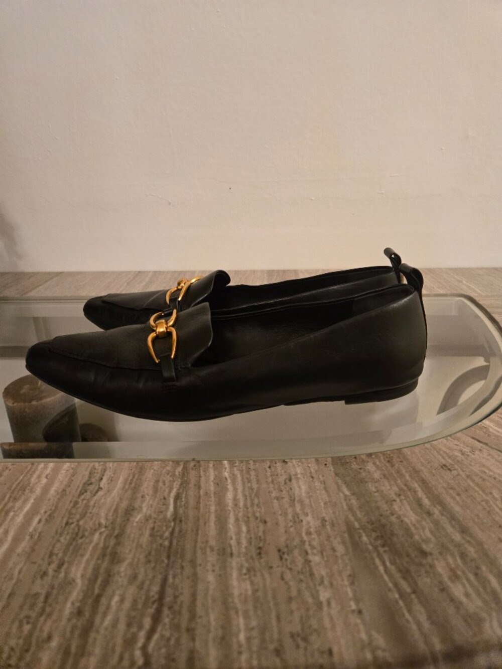 Veronica Beard Black Leather Pointed Loafers with Gold Horsebit - Picture 4 of 9